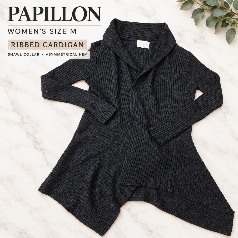 Papillon Women's Black Ribbed Cardigan Sweater Size M Shawl Collar Asymmetrical